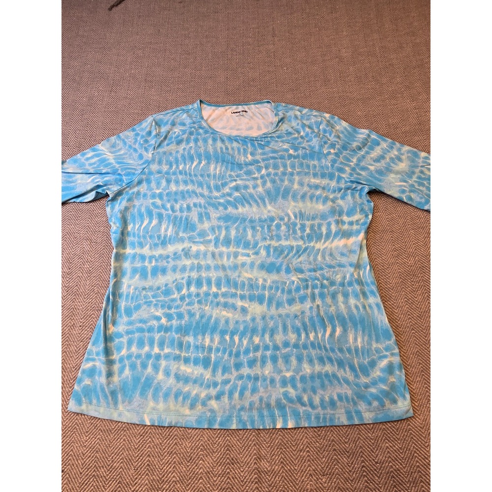 Lands End Shirt Top Women Large 14-16 Blue White Water Ripple Print Short Sleeve